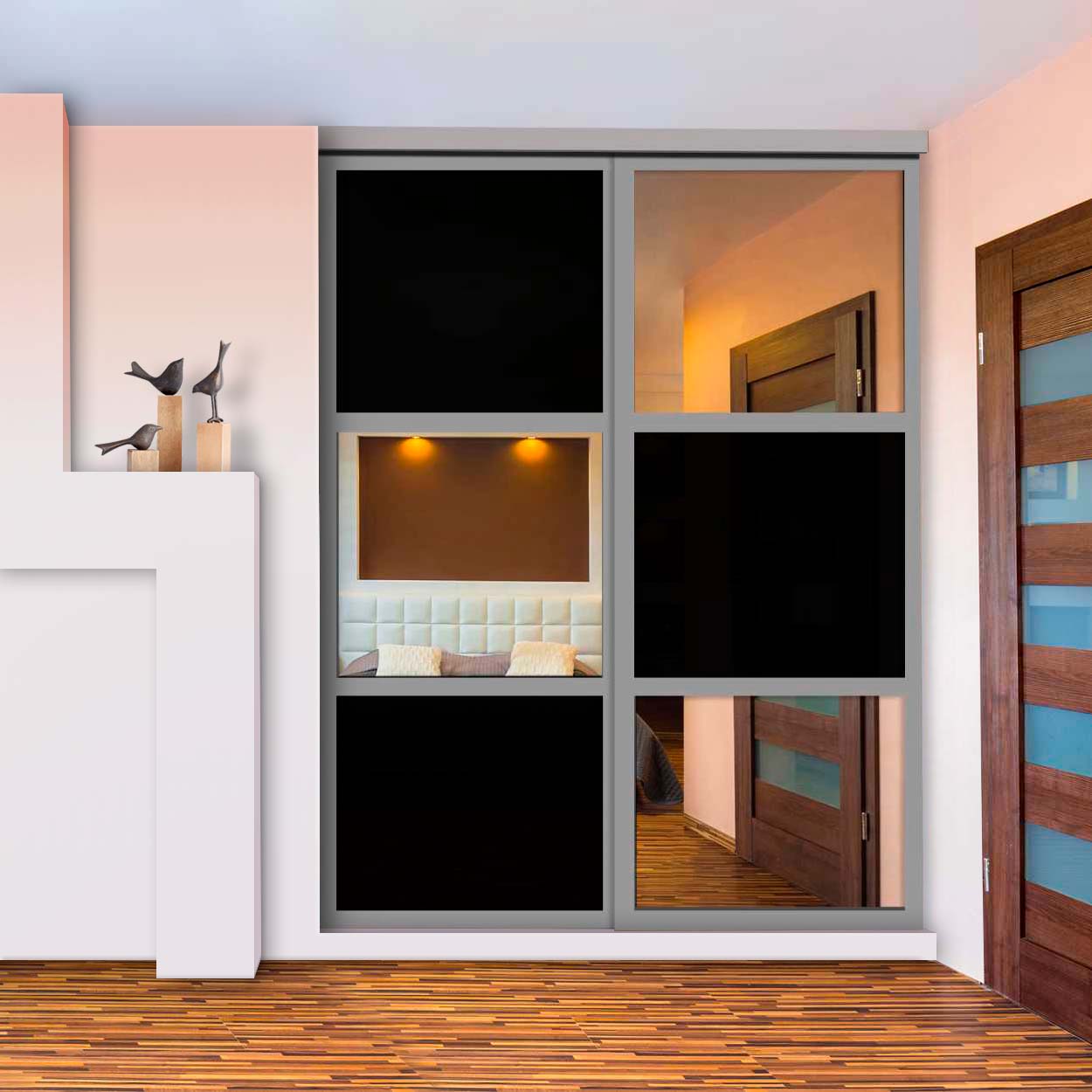 Puerta De Closet Con 2 Paneles - Vidrio Pintado Negro Y Espejo BMSC-2137